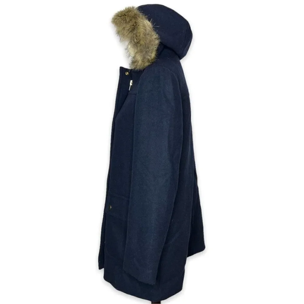 J. Crew Mercantile Faux Fur Hooded Wool Vail Parka Jacket Navy Blue Size 8 - Picture 4 of 9